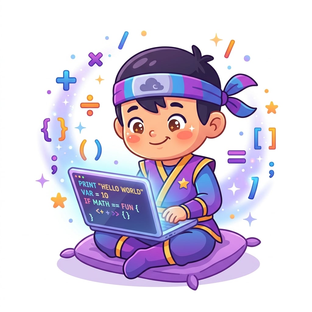 Friendly cartoon kid ninja coding on a laptop with floating math and code symbols